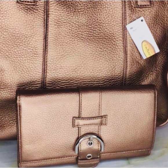 Talbots Metallic Golden Bronze Soft Pebbled Leather Tote and Wallet Set - Picture 2 of 13